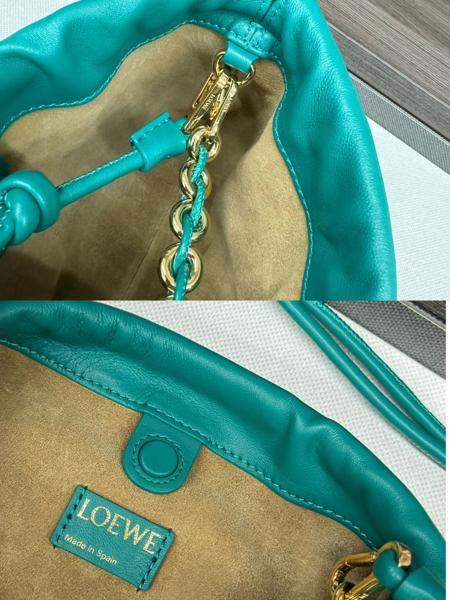 LOE MEDIUM 30 FLAMENCO PURSE BUCKET IN TEAL GREEN LAMBSKIN