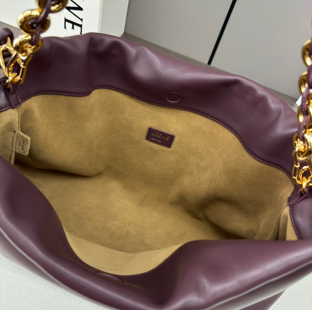 LOE LARGE 41 FLAMENCO PURSE BUCKET IN WINE PURPLE LAMBSKIN GOLD HARDWARE