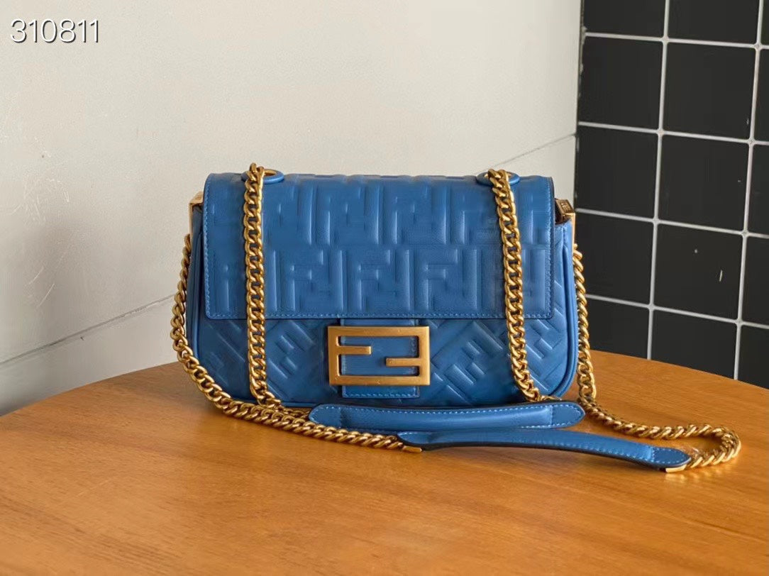 Fend Baguette 24 Bag With FF Motif Blue Leather Ghw