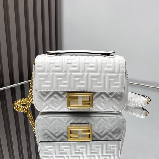 Fend Baguette 24 Bag With FF Motif White Leather Ghw