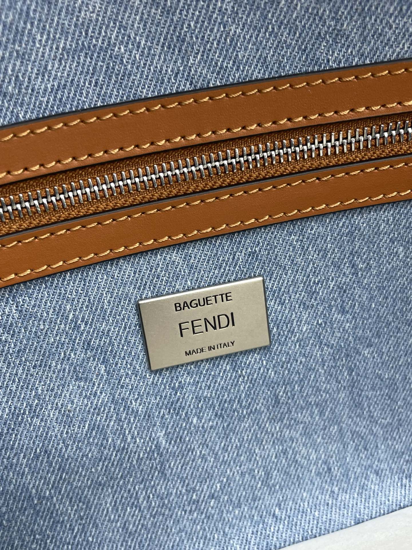 Fend Baguette Blue Brown Canvas Bag 27 with FF Embroidery Ghw