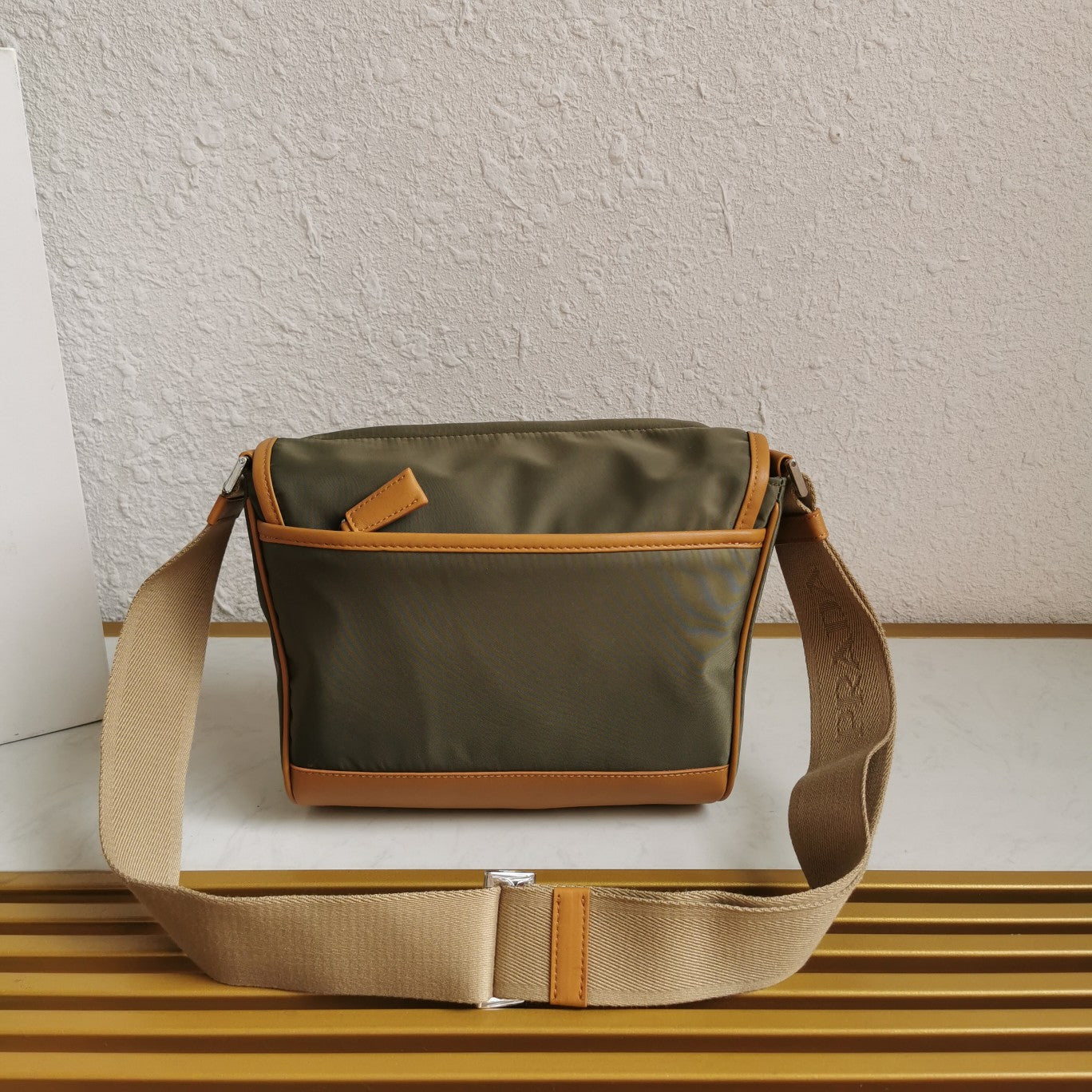 MESSENGER BAG 20 IN KHAKI GREEN RE-NYLON AND BROWN CALFSKIN TRIM