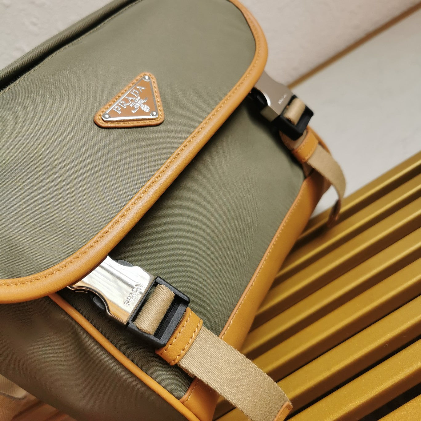 MESSENGER BAG 20 IN KHAKI GREEN RE-NYLON AND BROWN CALFSKIN TRIM