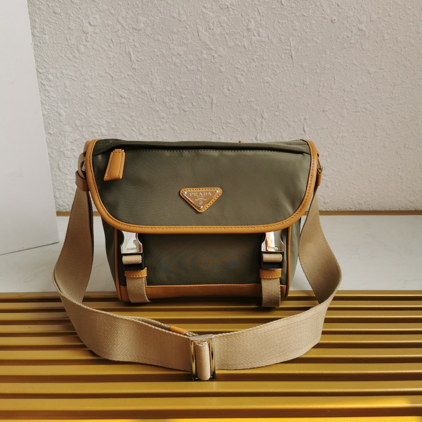 MESSENGER BAG 20 IN KHAKI GREEN RE-NYLON AND BROWN CALFSKIN TRIM