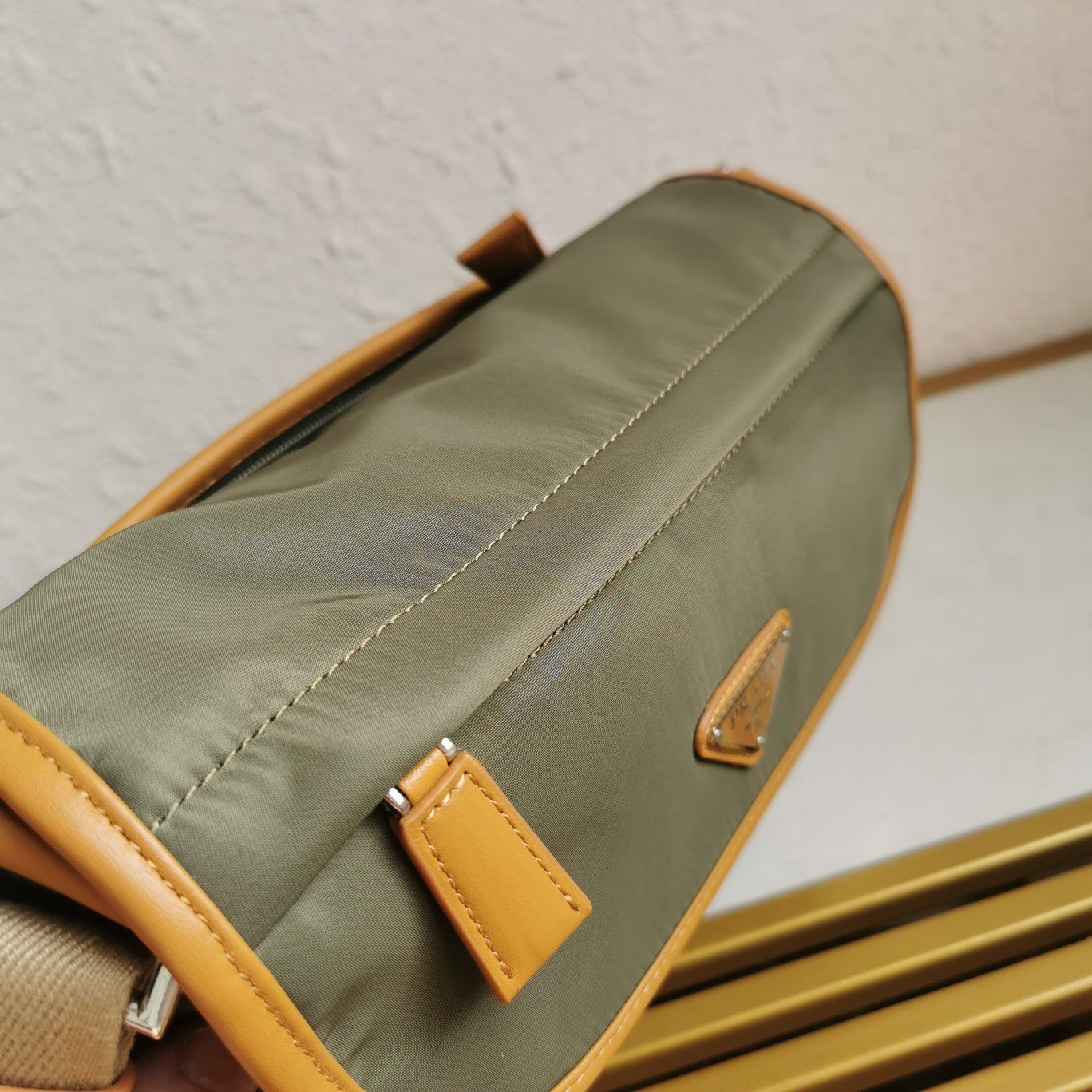 MESSENGER BAG 20 IN KHAKI GREEN RE-NYLON AND BROWN CALFSKIN TRIM