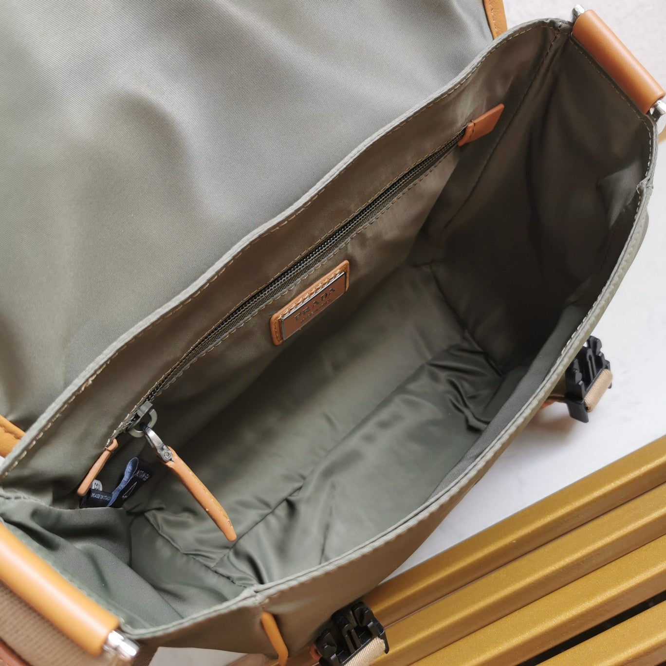 MESSENGER BAG 20 IN KHAKI GREEN RE-NYLON AND BROWN CALFSKIN TRIM