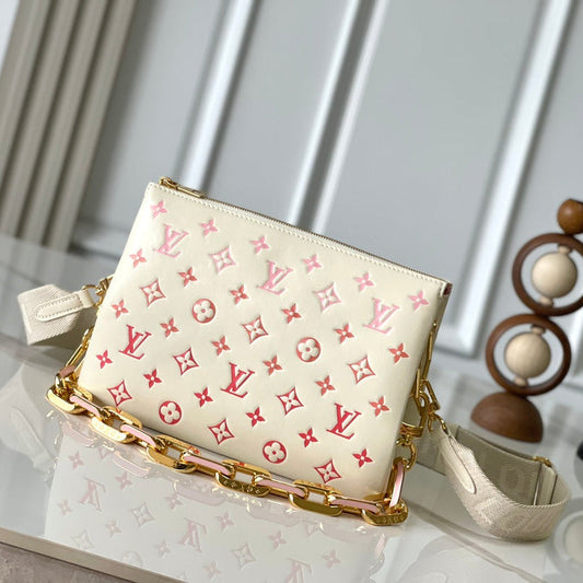 COUSSIN PM 26 IN CREAM RED MONOGRAM EMBOSSED LAMBSKIN GOLD HARDWARE