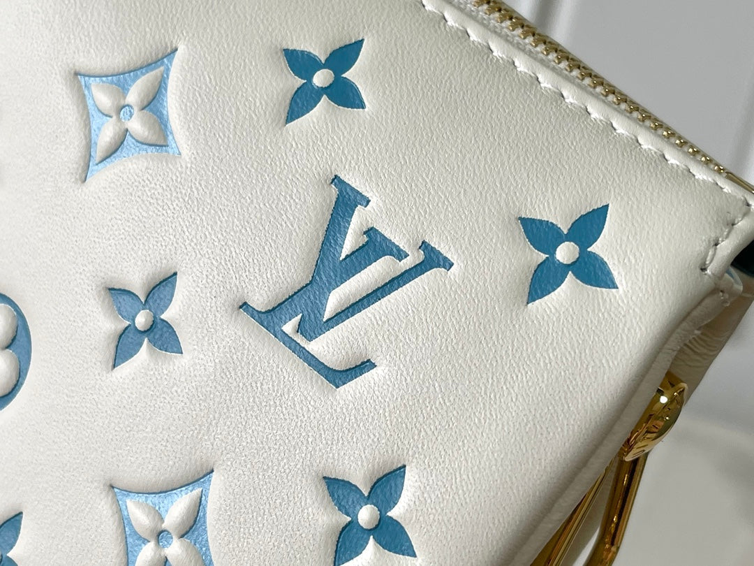 COUSSIN PM 26 IN WHITE BLUE MONOGRAM EMBOSSED LAMBSKIN GOLD HARDWARE