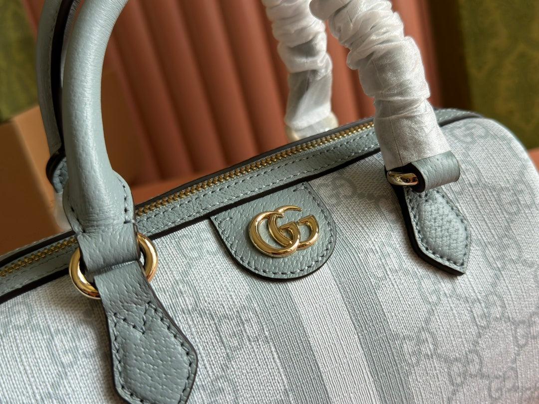 OPHIDIA TOP HANDLE BAG 21 IN GREY-GREEN MONOGRAM CANVAS AND CALFSKIN TRIM GOLD HARDWARE