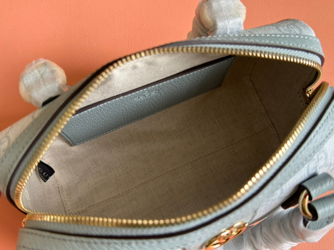 OPHIDIA TOP HANDLE BAG 21 IN GREY-GREEN MONOGRAM CANVAS AND CALFSKIN TRIM GOLD HARDWARE