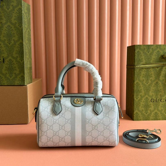 OPHIDIA TOP HANDLE BAG 21 IN GREY-GREEN MONOGRAM CANVAS AND CALFSKIN TRIM GOLD HARDWARE