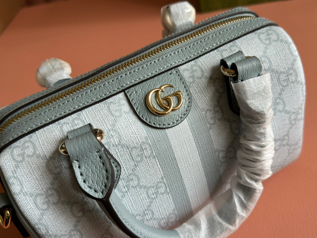 OPHIDIA TOP HANDLE BAG 21 IN GREY-GREEN MONOGRAM CANVAS AND CALFSKIN TRIM GOLD HARDWARE