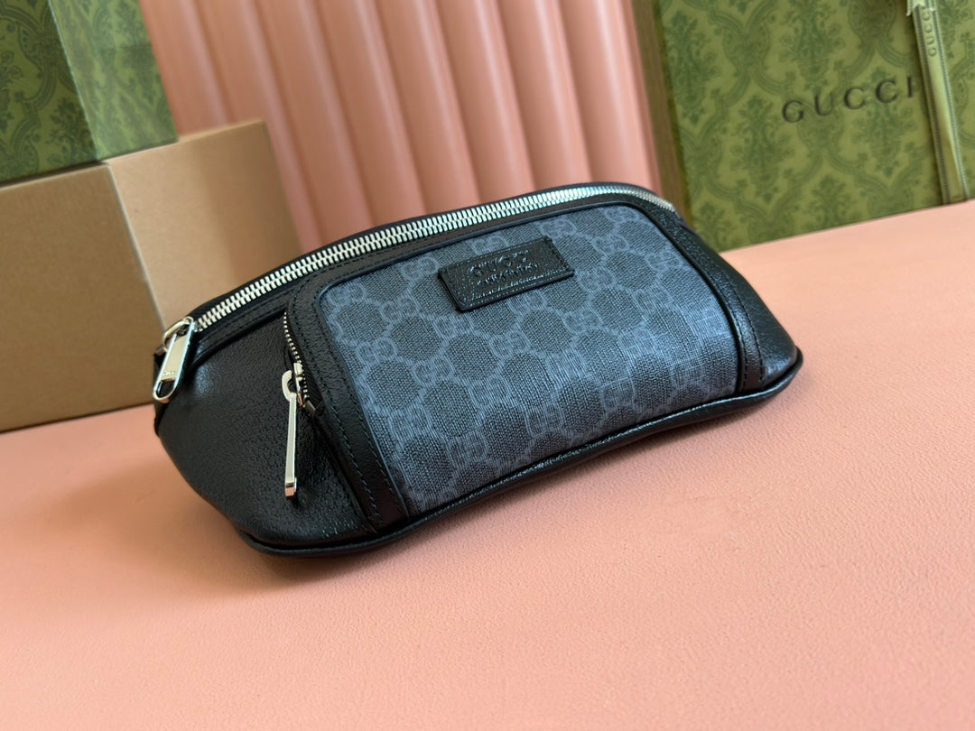 SMALL BELT BAG 29 IN BLACK CALFSKIN AND DARK GRAY MONOGRAM CANVAS