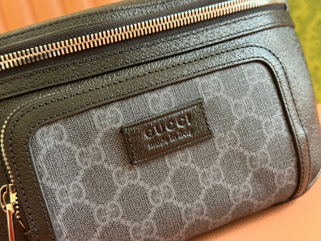 SMALL BELT BAG 29 IN BLACK CALFSKIN AND DARK GRAY MONOGRAM CANVAS