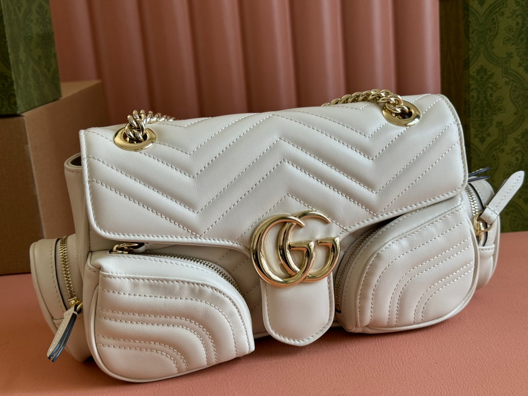 MARMONT SMALL MULTI-POCKET BAG 25 IN WHITE CALFSKIN GOLD HARDWARE