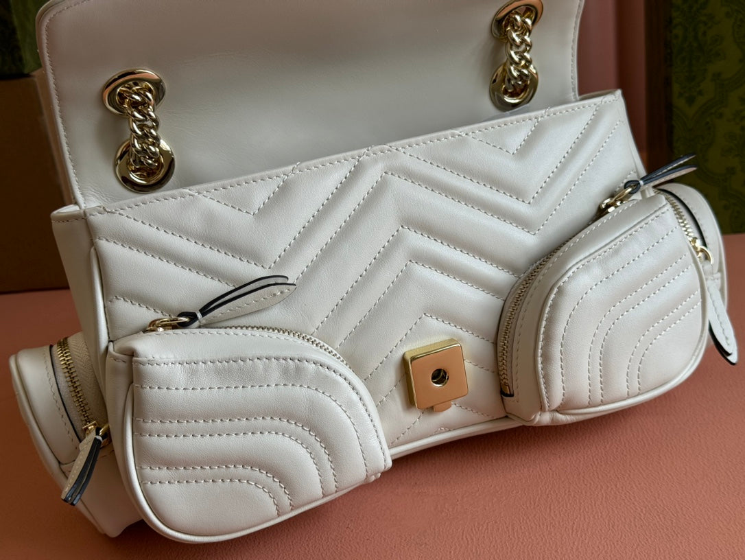 MARMONT SMALL MULTI-POCKET BAG 25 IN WHITE CALFSKIN GOLD HARDWARE