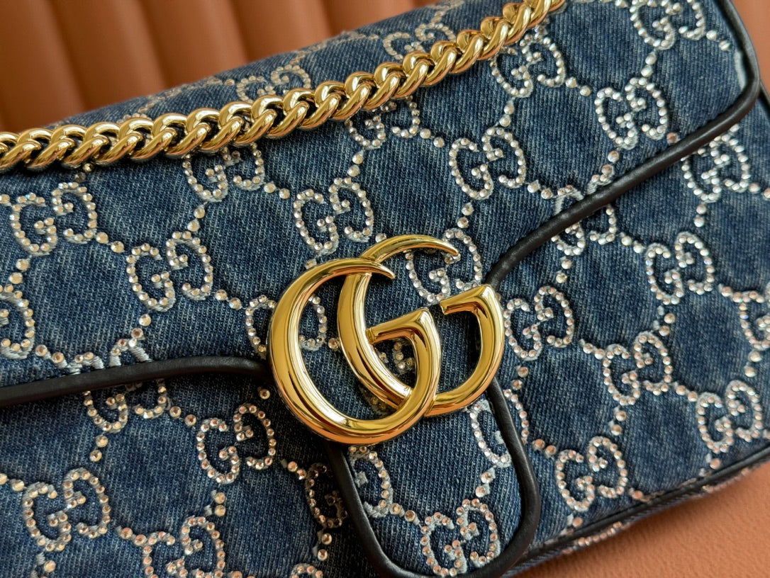 MARMONT SHOULDER BAG 26 IN BLUE DENIM WITH DOUBLE G CRYSTAL PATTERN GOLD HARDWARE