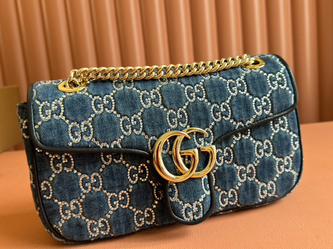 MARMONT SHOULDER BAG 26 IN BLUE DENIM WITH DOUBLE G CRYSTAL PATTERN GOLD HARDWARE