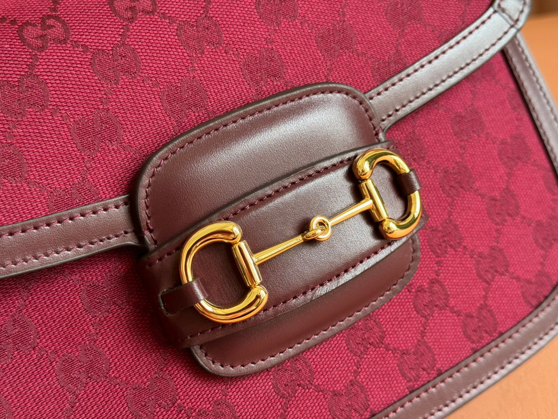 HORSEBIT 1955 SHOULDER BAG 25 IN WINE RED CANVAS AND CALFSKIN GOLD HARDWARE