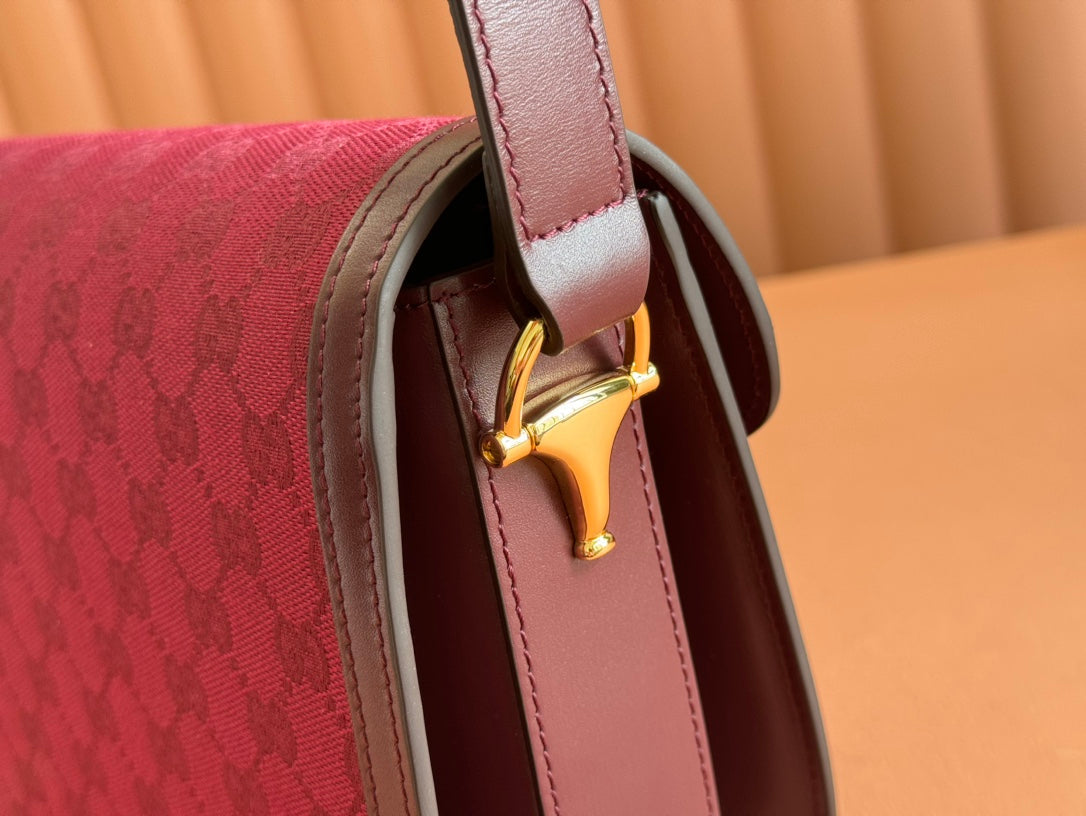 HORSEBIT 1955 SHOULDER BAG 25 IN WINE RED CANVAS AND CALFSKIN GOLD HARDWARE