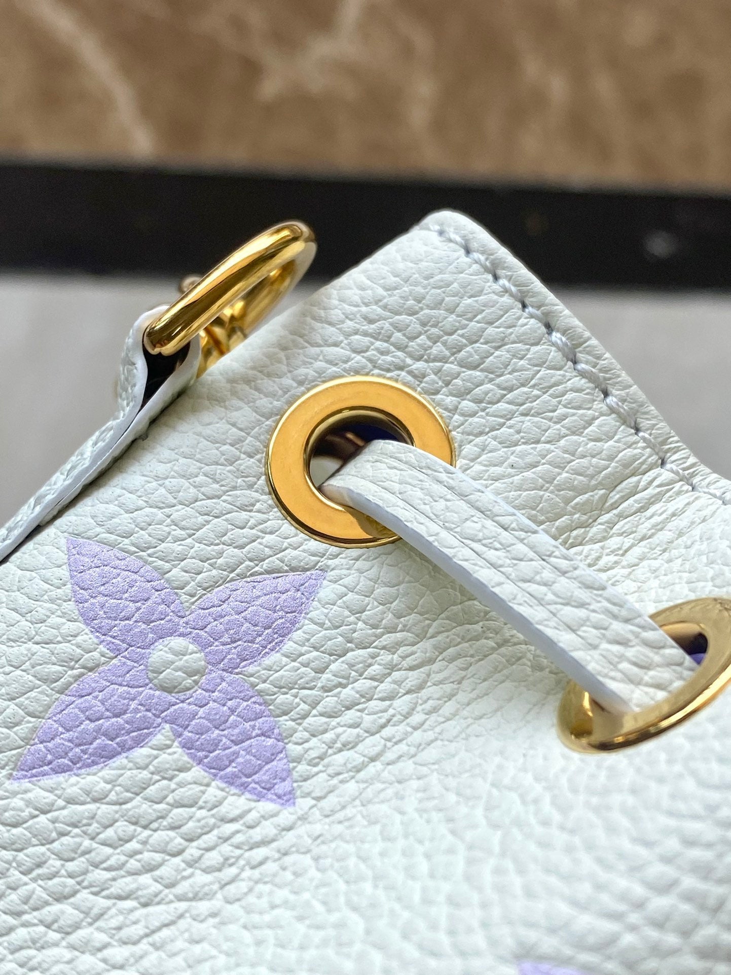 NANO NOÉ 16 IN WHITE PURPLE MONOGRAM EMBOSSED CALFSKIN