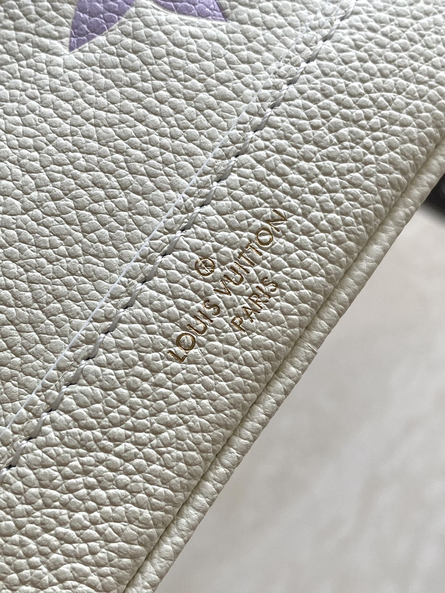 NANO NOÉ 16 IN WHITE PURPLE MONOGRAM EMBOSSED CALFSKIN