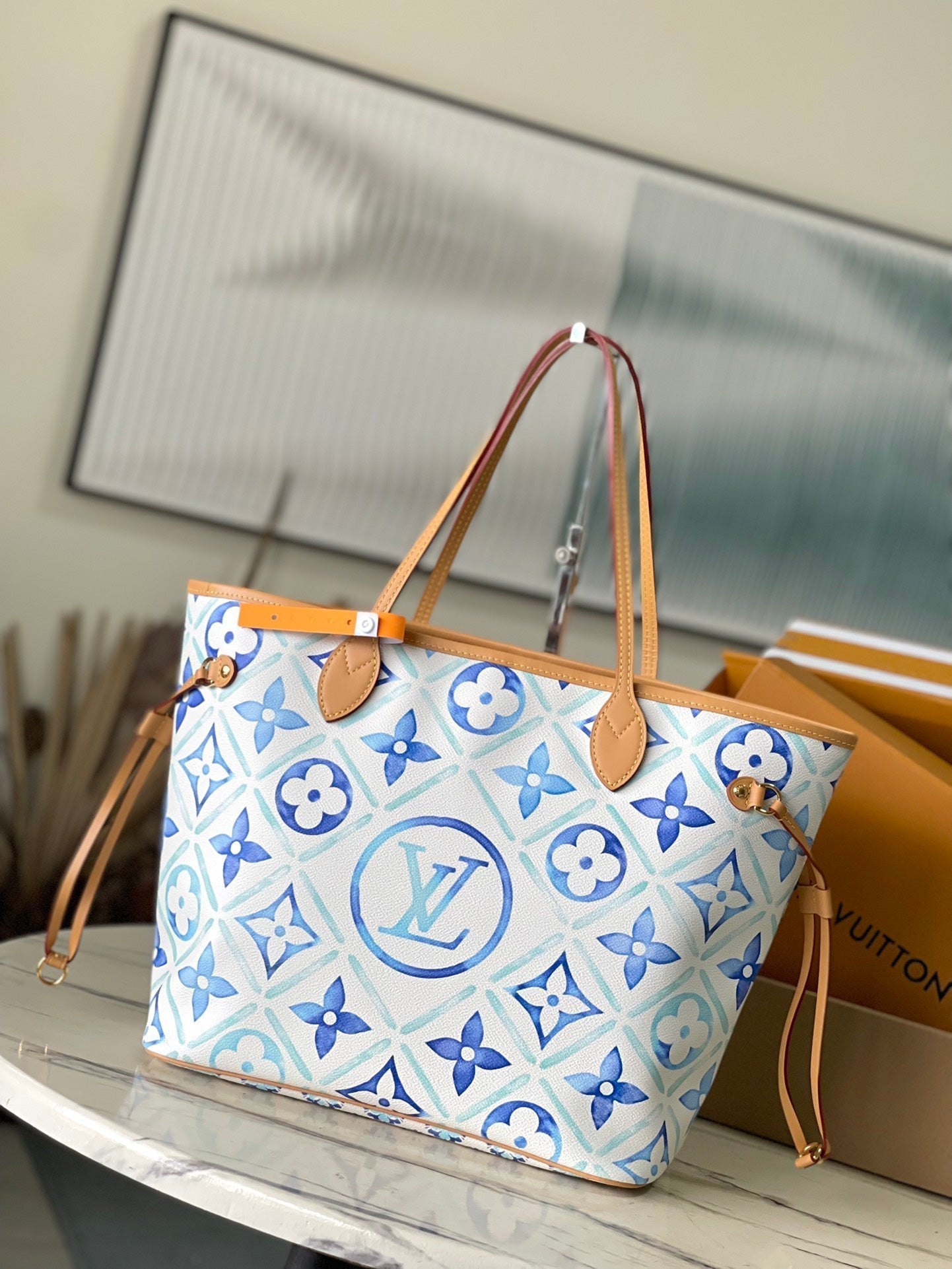 NEVERFULL MM 31 IN LAGOON BLUE MONOGRAM TILES CANVAS