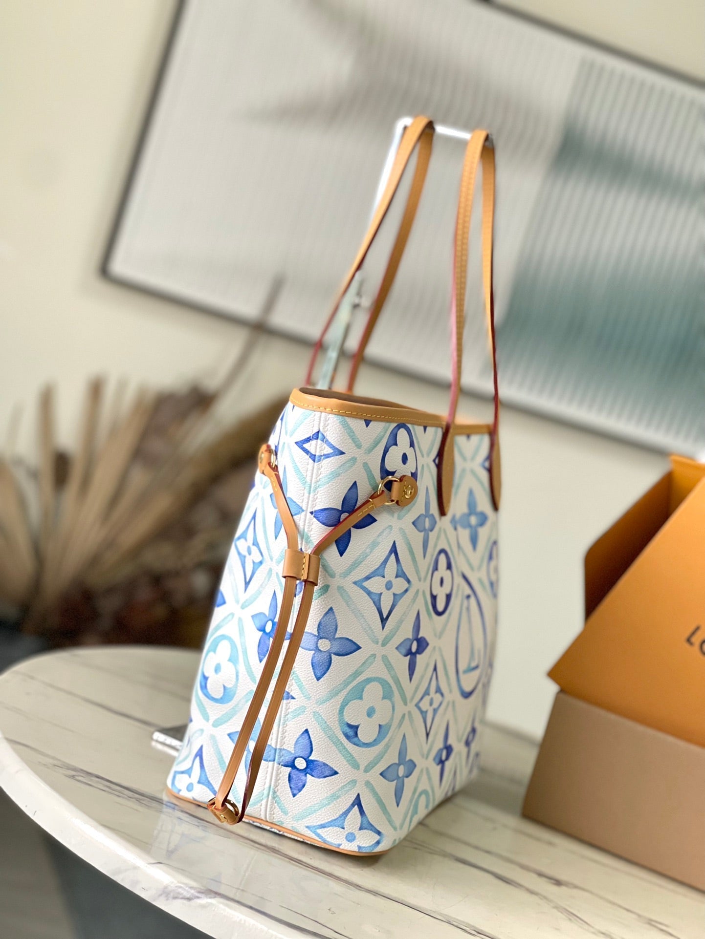 NEVERFULL MM 31 IN LAGOON BLUE MONOGRAM TILES CANVAS