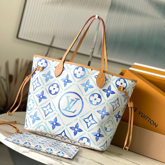 NEVERFULL MM 31 IN LAGOON BLUE MONOGRAM TILES CANVAS