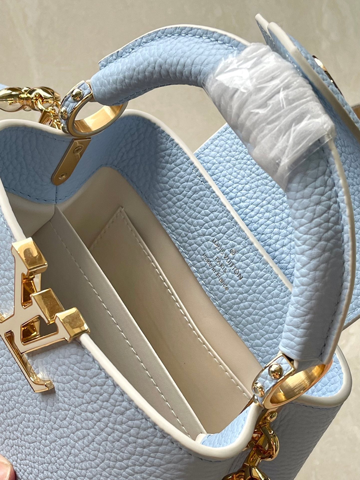 CAPUCINES MINI 21 IN CANDY BLUE TAURILLON GOLD HARDWARE