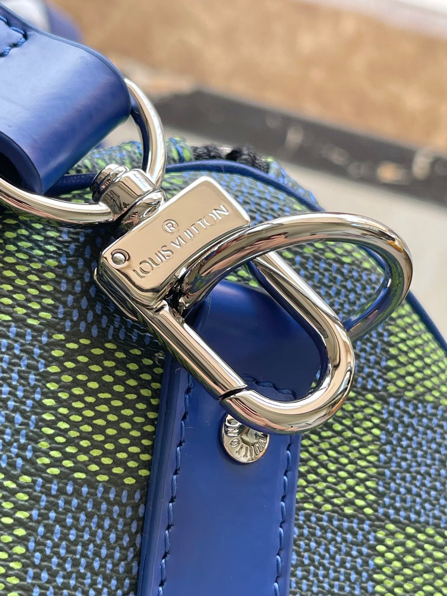 KEEPALL BANDOULIÈRE 45 IN BLUE GREEN DAMIER HERITAGE COATED CANVAS