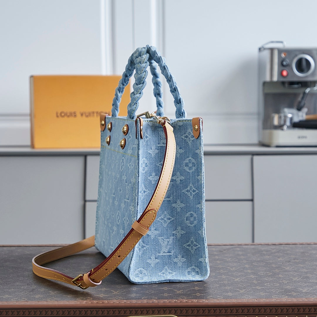 LET GO PM 28 IN LIGHT BLUE MONOGRAM DENIM GOLD HARDWARE