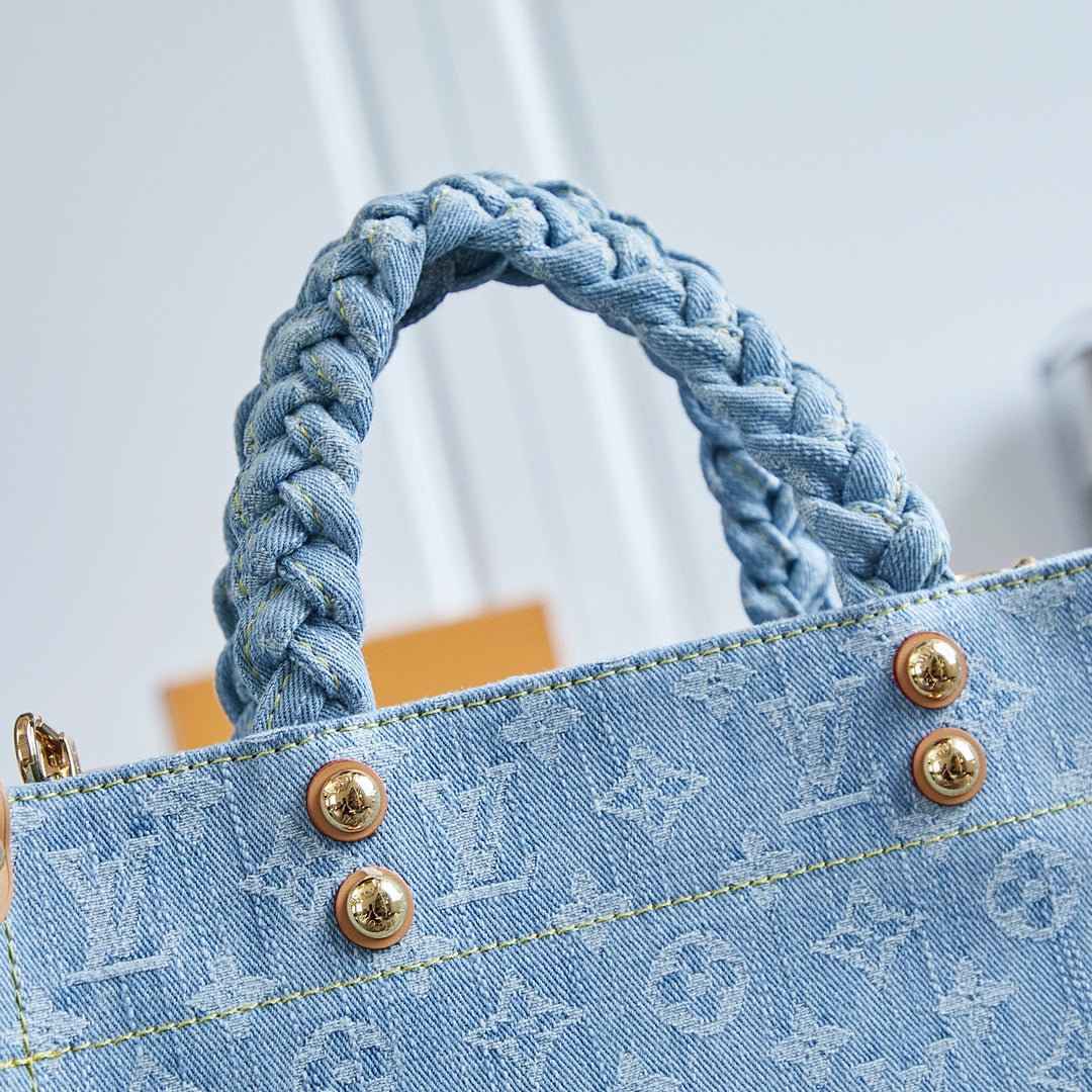 LET GO PM 28 IN LIGHT BLUE MONOGRAM DENIM GOLD HARDWARE