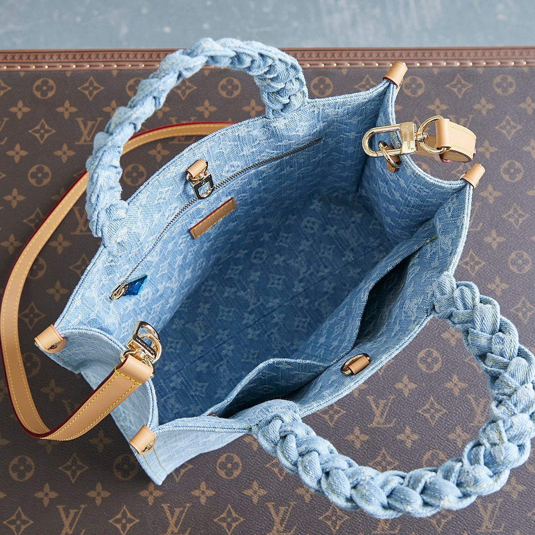 LET GO PM 28 IN LIGHT BLUE MONOGRAM DENIM GOLD HARDWARE