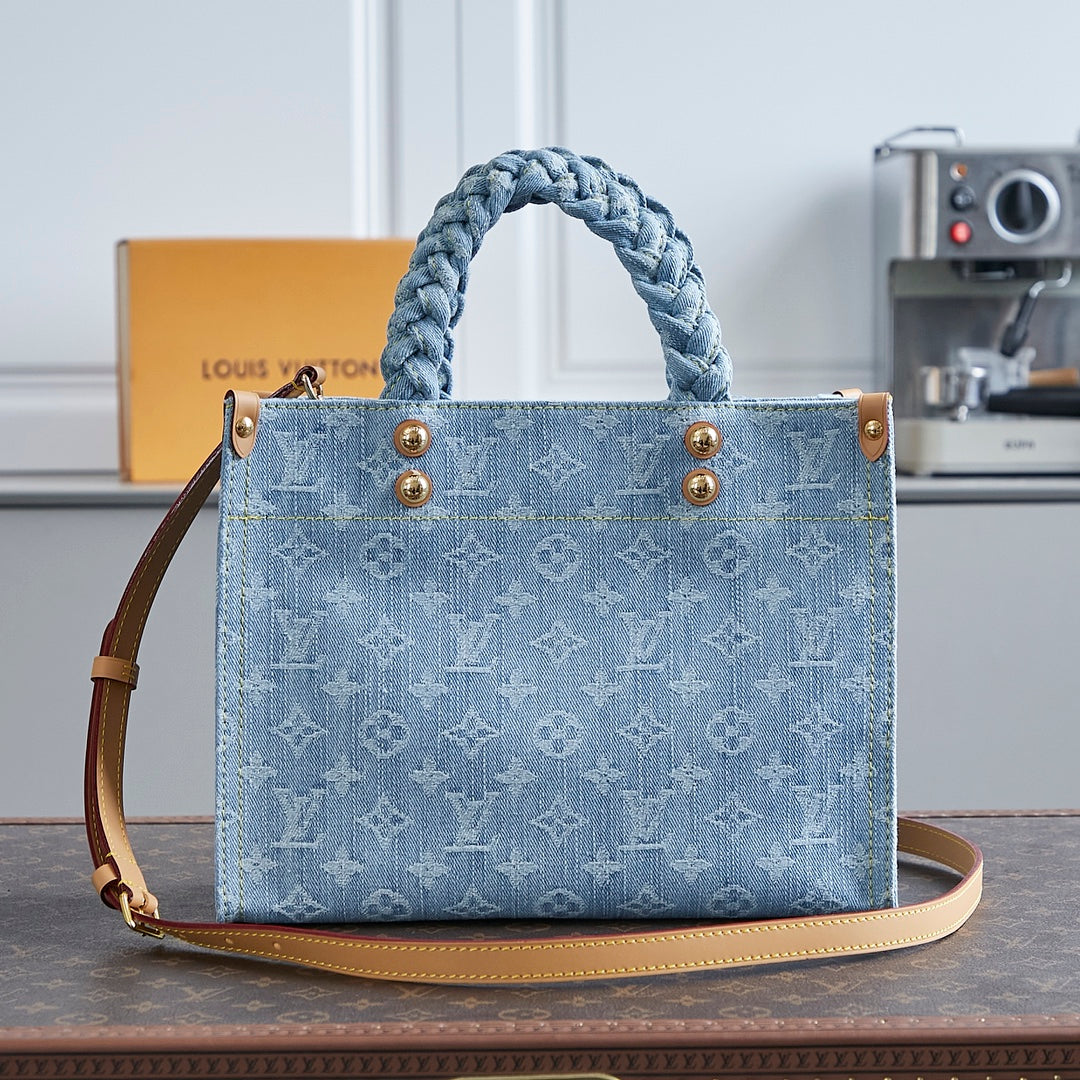 LET GO PM 28 IN LIGHT BLUE MONOGRAM DENIM GOLD HARDWARE