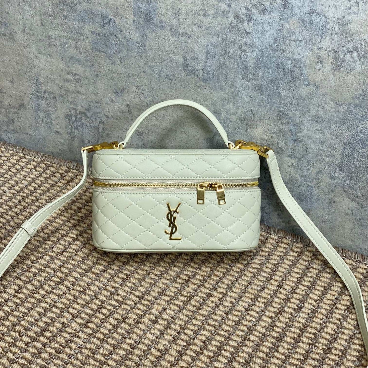 GABY MINI VANITY 18 IN IVORY WHITE LAMBSKIN GOLD HARDWARE