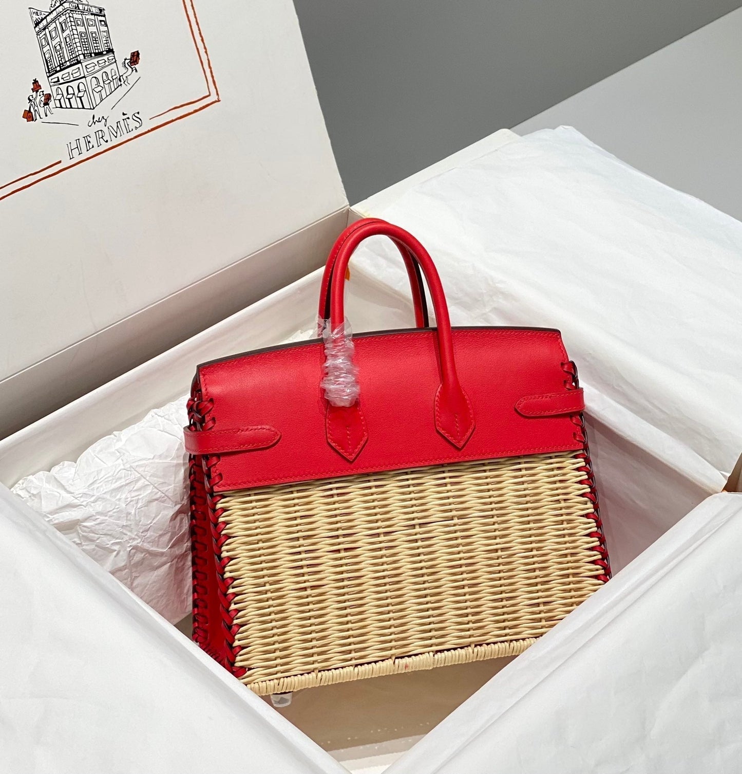 HM BIRKIN 25 CM PICNIC RED BAMBOO AND RATTAN