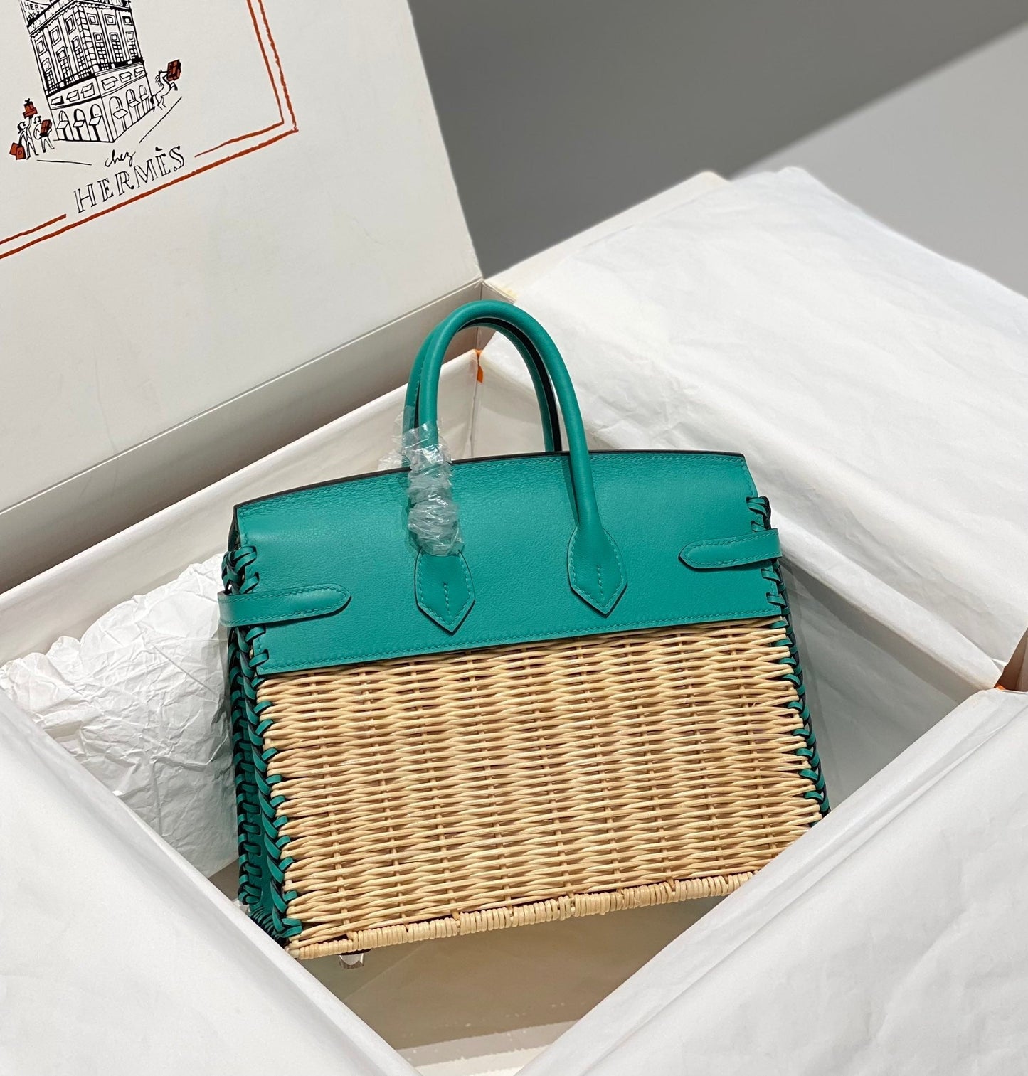 HM BIRKIN 25 CM PICNIC TURQUOISE BAMBOO AND RATTAN