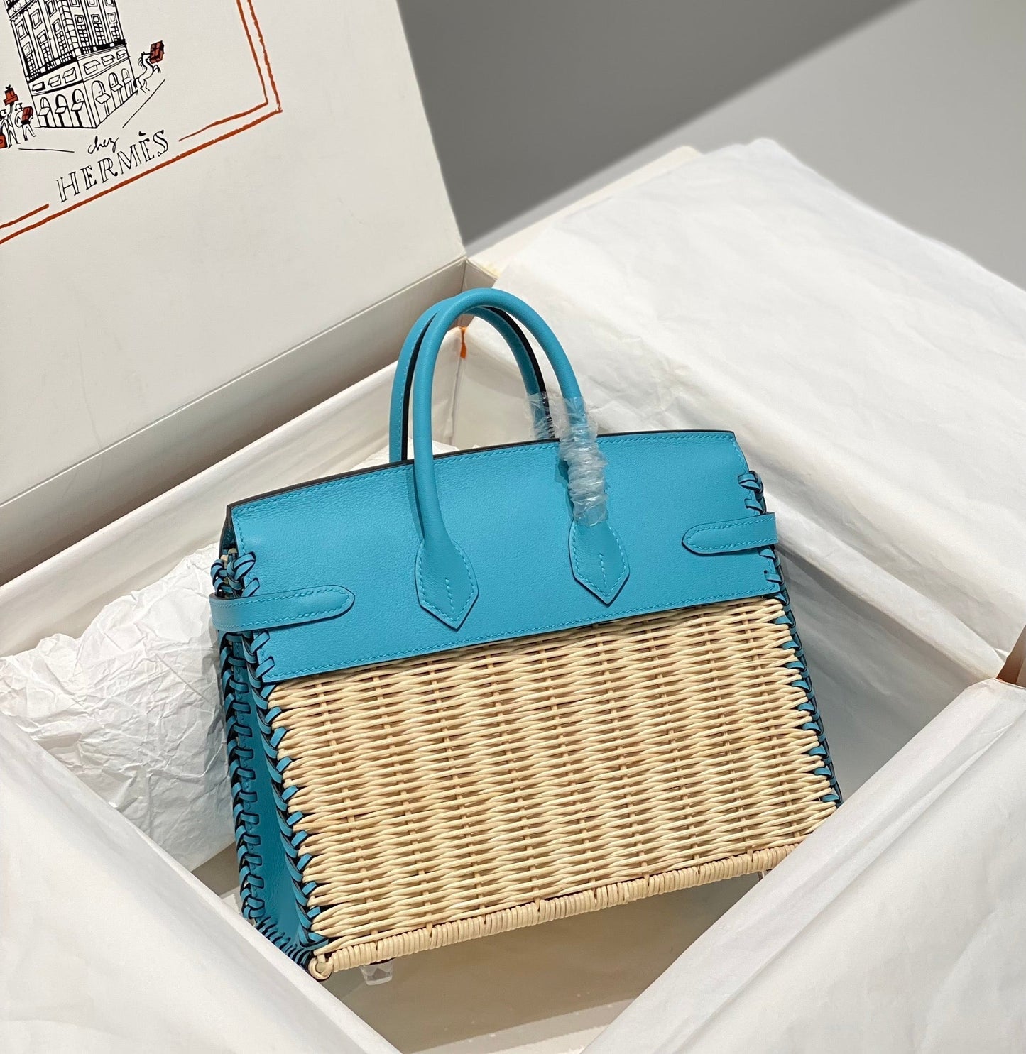 HM BIRKIN 25 CM PICNIC SKY BAMBOO AND RATTAN