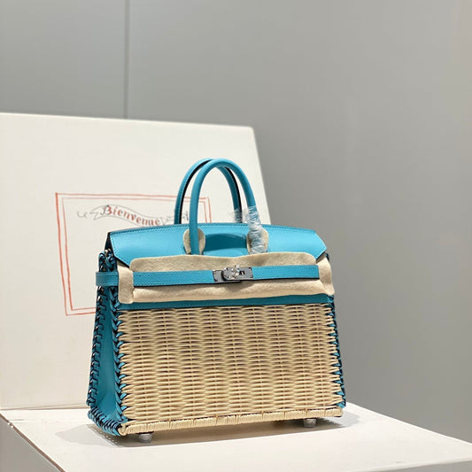 HM BIRKIN 25 CM PICNIC SKY BAMBOO AND RATTAN