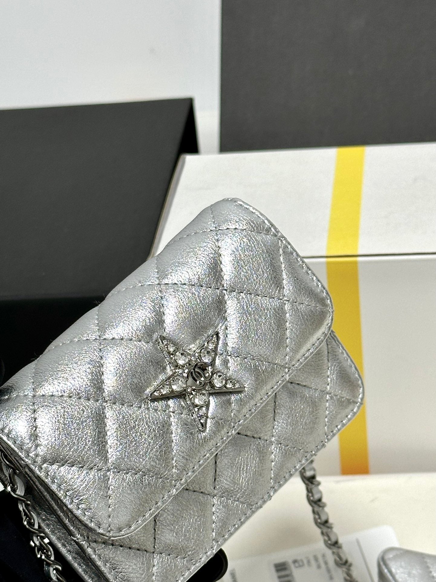 CC MINI 13 FLAP BAG IN SILVER METALLIC LAMBSKIN