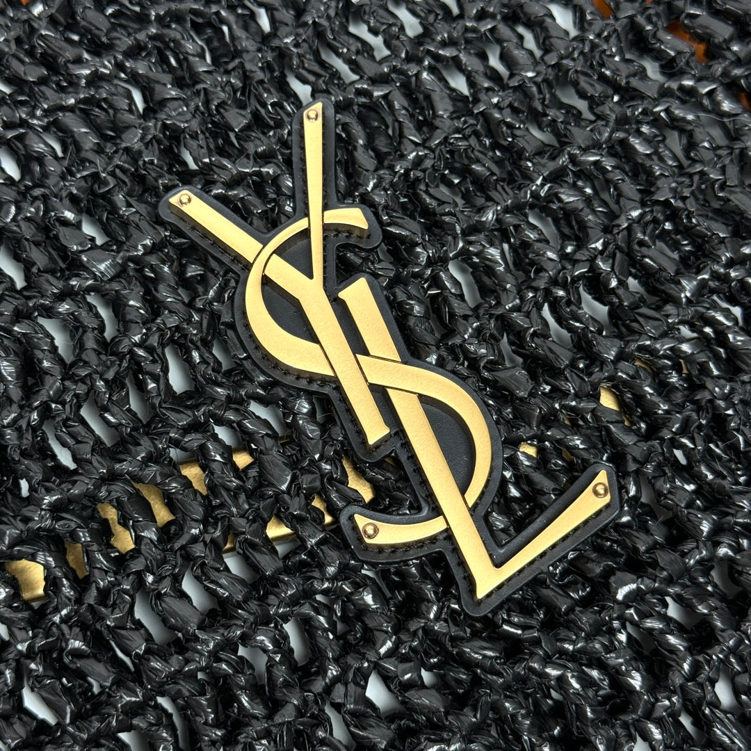 TOTE BAG 40 IN BLACK RAFFIA GOLD LOGO