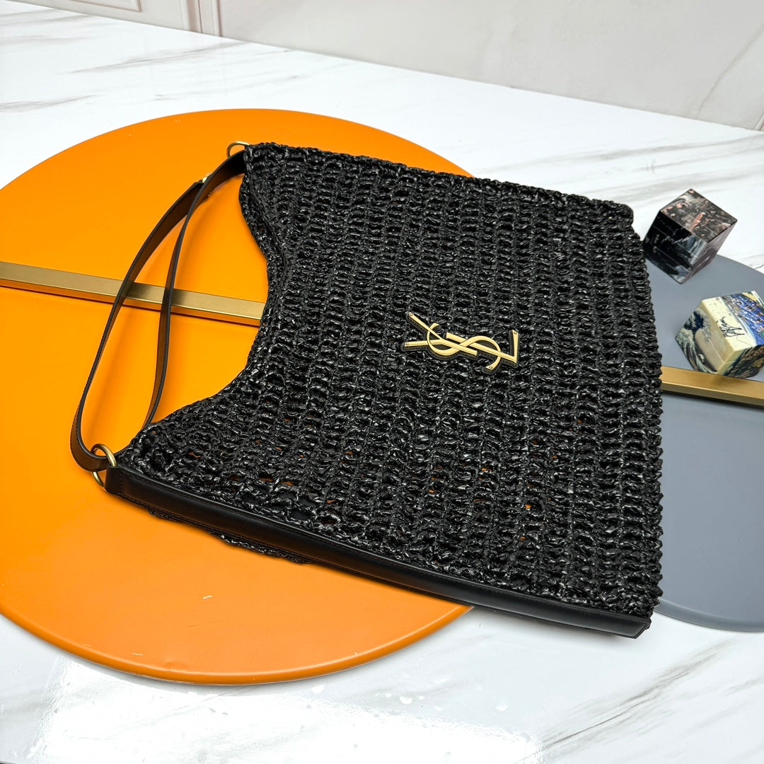 TOTE BAG 40 IN BLACK RAFFIA GOLD LOGO