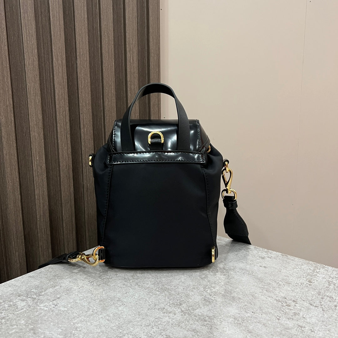 MINI BACKPACK 18 IN BLACK RE-NYLON AND GLOSSY CALFSKIN GOLD HARDWARE