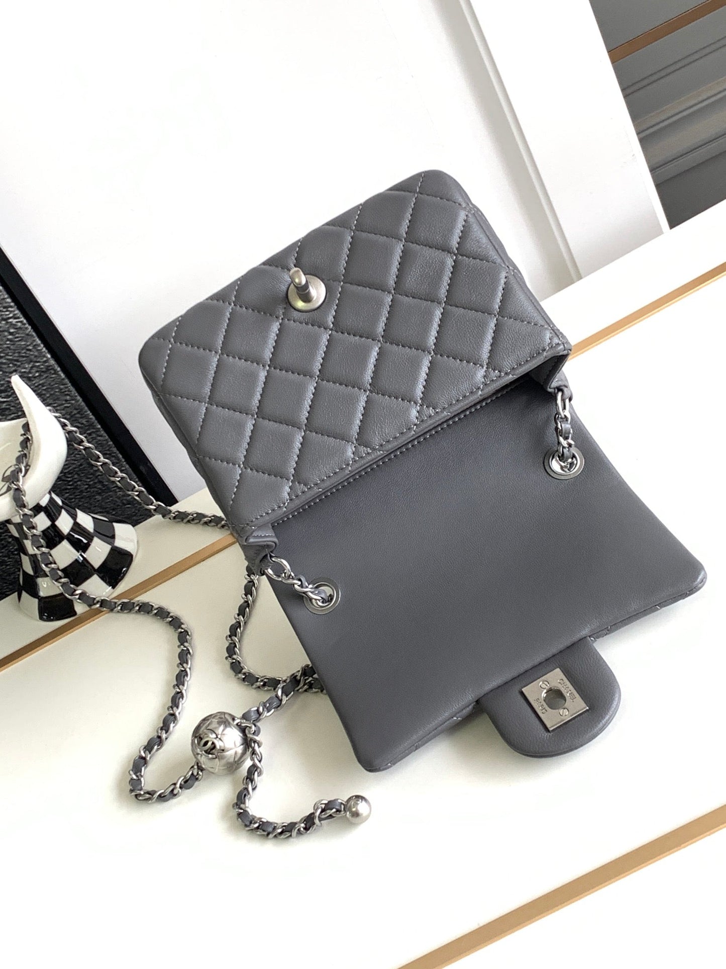 CC SMALL 17 FLAP BAG IN DARK GREY CALFSKIN