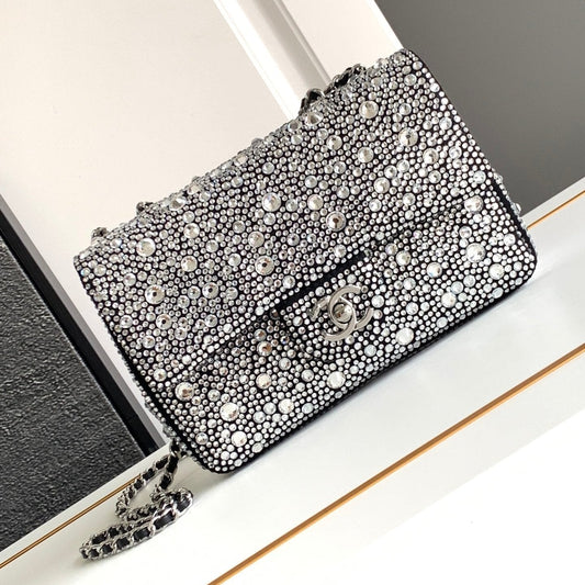 CC MINI 20 FLAP BAG IN SILVER SATIN RHINSTONES EMBELLISHED