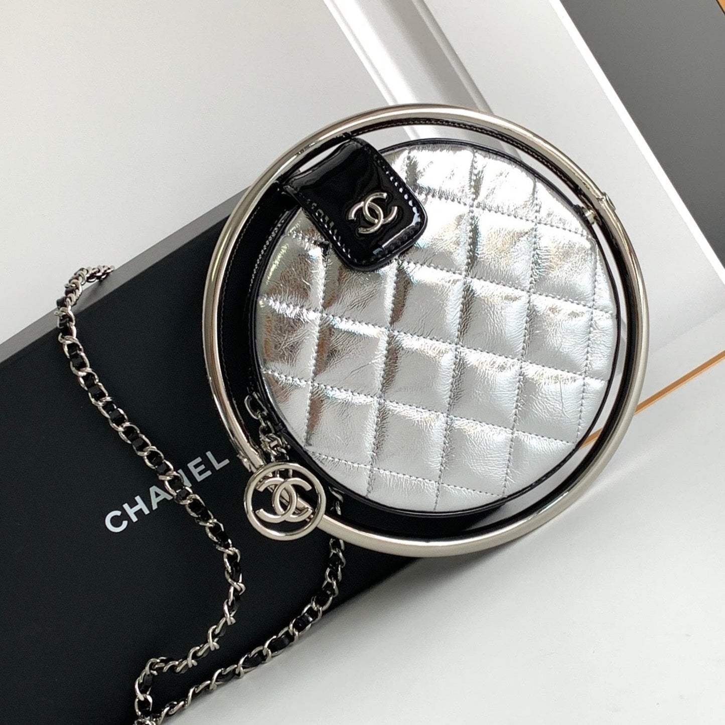 CC MINI 18 EARTH GLOBE ORB CHAIN BAG IN SILVER CALFSKIN