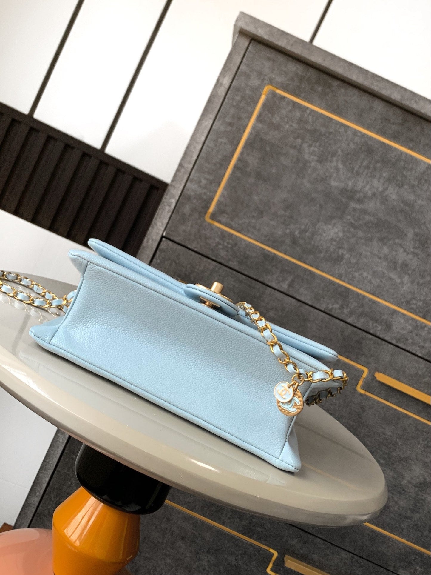 CLASSIC FLAP BAG 22 IN SKY BLUE CALFSKIN GOLD HARDWARE