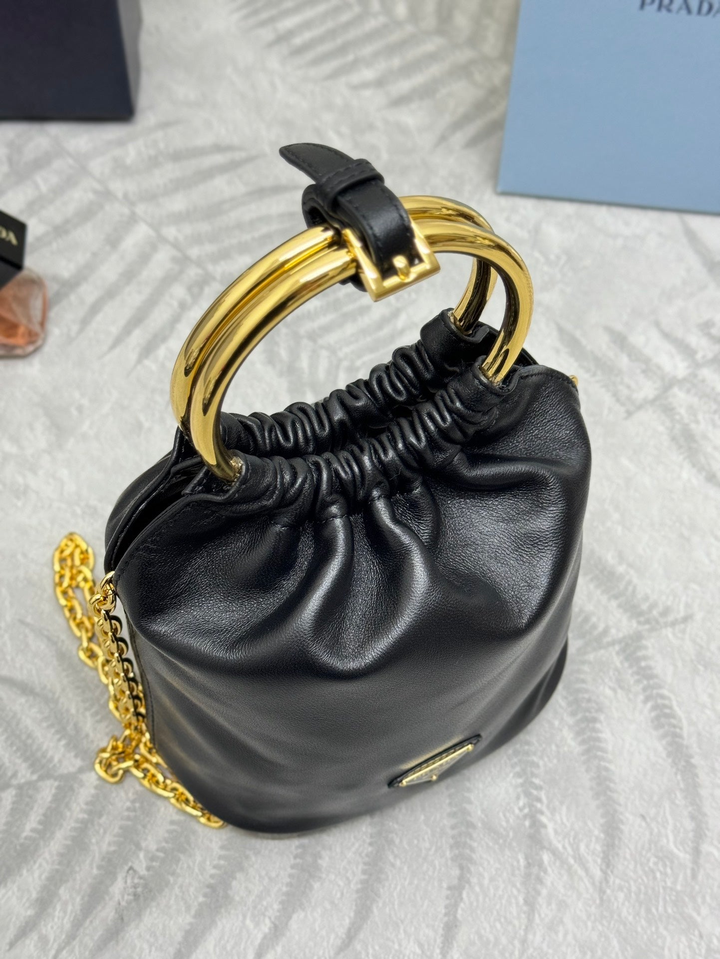 MINI BUCKET BAG 19 IN BLACK SOFT NAPPA LAMBSKIN GOLD HARDWARE