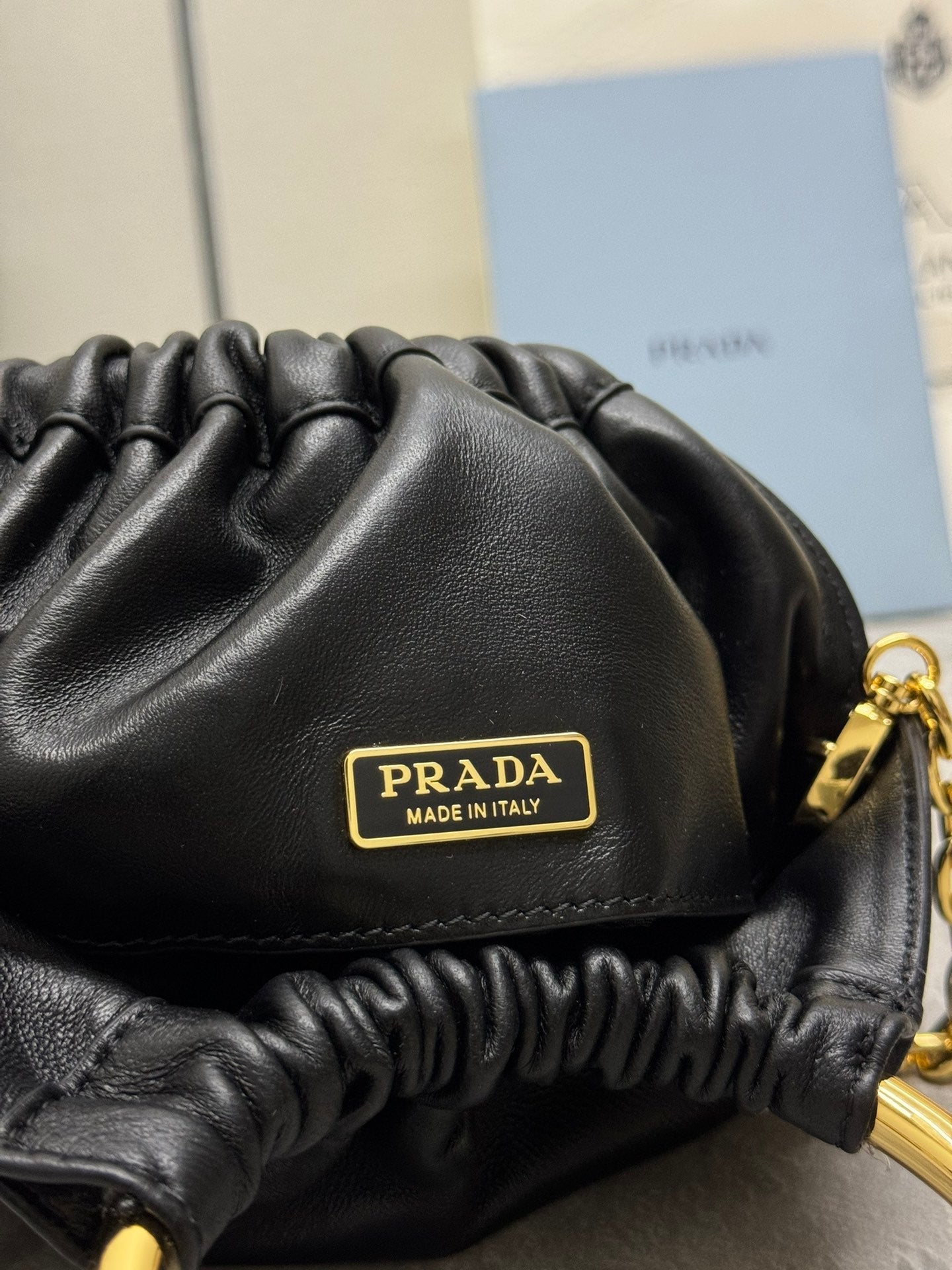 MINI BUCKET BAG 19 IN BLACK SOFT NAPPA LAMBSKIN GOLD HARDWARE